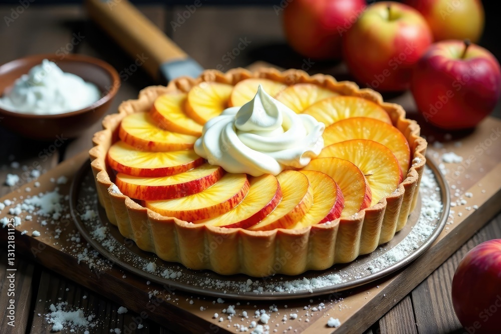 Pr?paration de tarte aux pommes avec cr?me fra?che et sucre, kitchenware, baking Pr?paration de tarte aux pommes avec cr?me fra?che et sucre, kitchenware, baking