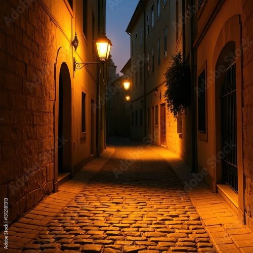 Cobblestone passageway bathed in warm golden light from the single streetlamp above, streetlamp, alleyway