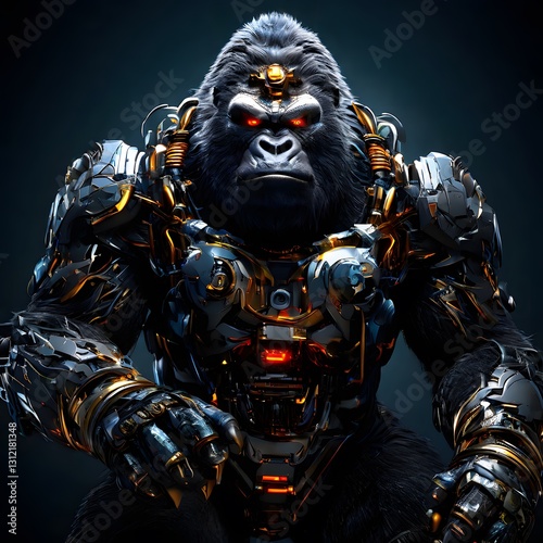 A detailed digital rendering of a gorilla wearing advanced cybernetic armor, exuding a menacing and aggressive presence.