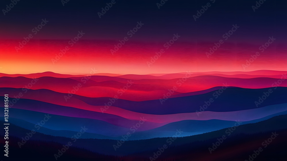 Fototapeta premium Colorful mountain layers with gradient red and blue sky