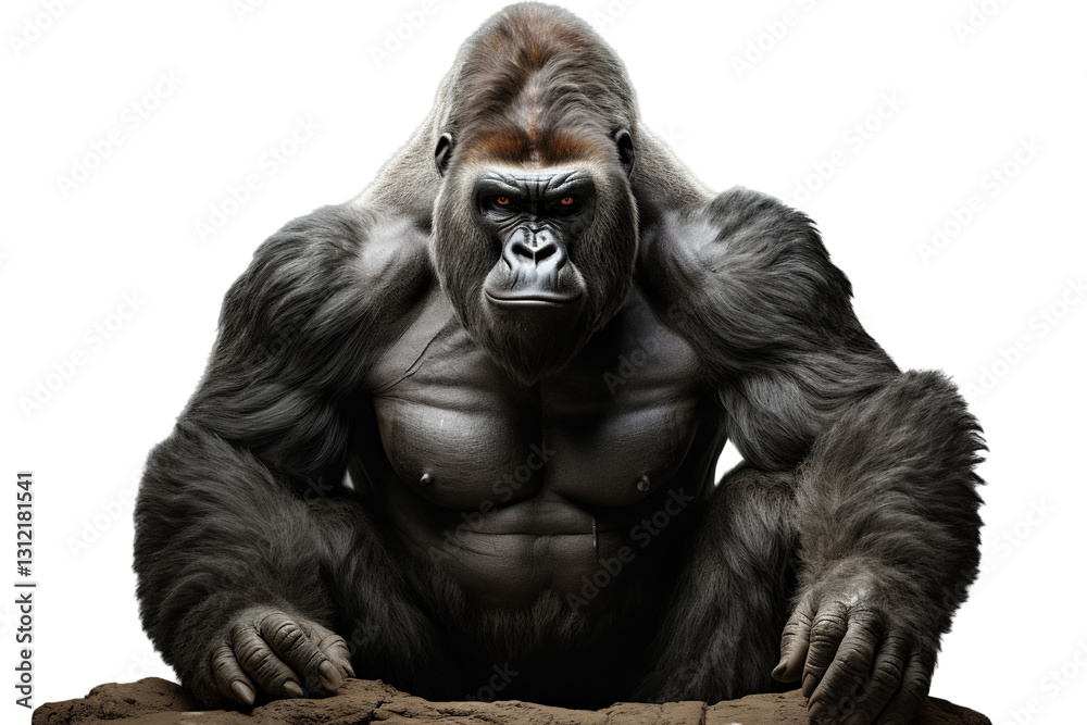 Imposing silverback gorilla with a muscular build, showcasing strength and majesty against a stark white background. Imposing silverback gorilla with a muscular build, showcasing strength and majesty against a stark white background.