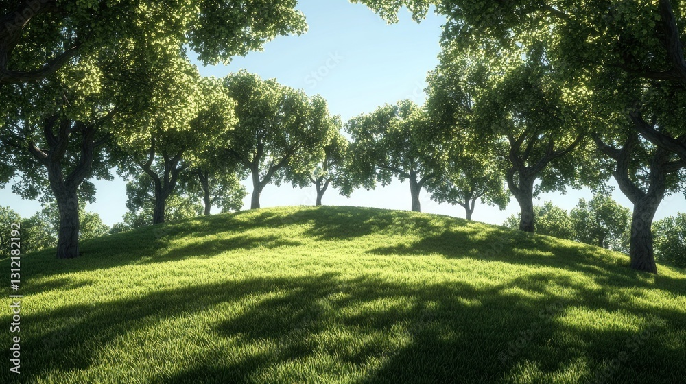 Naklejka premium Scenic landscape showing a line of trees on a sunny hillside