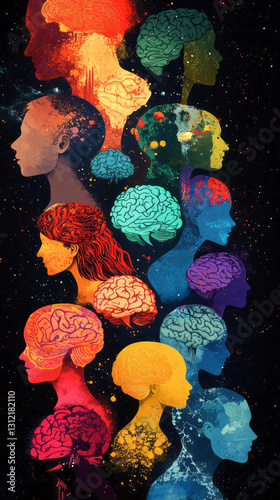 Colorful brain illustrations and silhouettes visualizing neurological diversity, depicting unique cognitive experiences within autism spectrum complexity