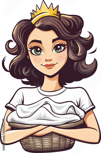 Stylized illustration of a confident woman with wavy dark hair, wearing a golden crown and holding a laundry basket. A mix of elegance and everyday charm in a modern, artistic design