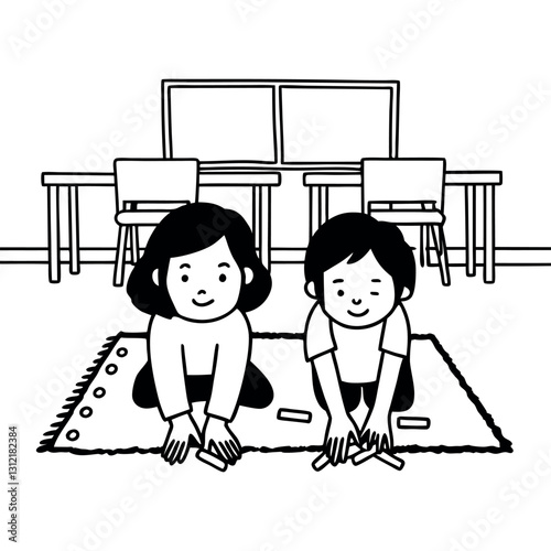 A child helping a classmate pick up crayons-1.eps