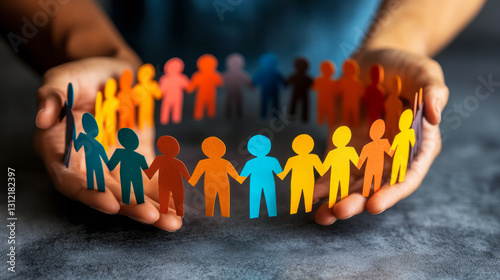 Nurse hands embracing paper chain of diverse human figures, symbolizing neurodiversity, autism awareness, community support, and inclusive healthcare approach