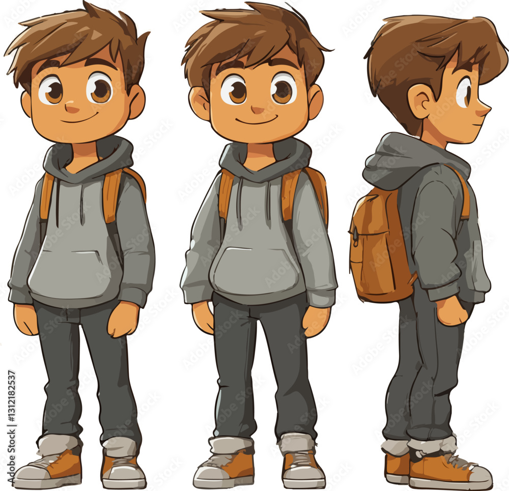 Naklejka premium Chibi-style character turnaround of a young boy with brown hair, wearing a hoodie, backpack, and sneakers. Cute and stylish anime-inspired design for character reference or animation