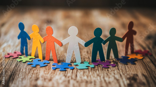 Diverse paper silhouettes joining hands atop puzzle pieces, highlighting neurodiversity, autism awareness, and community connection against wooden surface