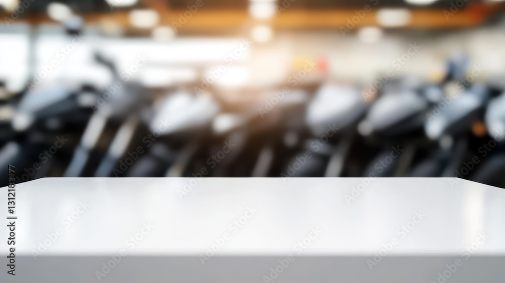Obraz premium A white table with a blurred row of motorbikes in the background, offering a clean, minimalistic foreground contrasted against a dynamic and out-of-focus background of sleek motorbikes.