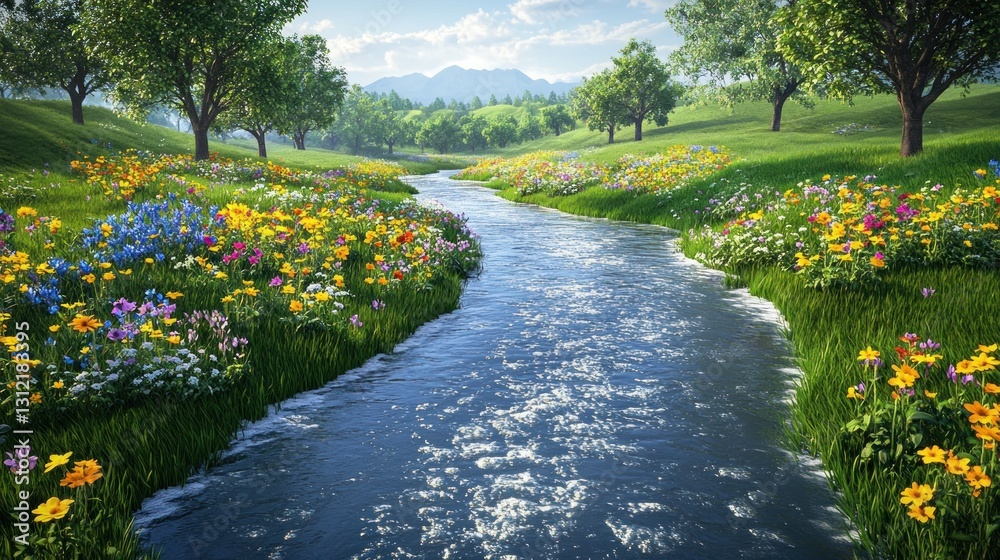 Obraz premium A beautiful flowing river winds through a colorful flowered meadow