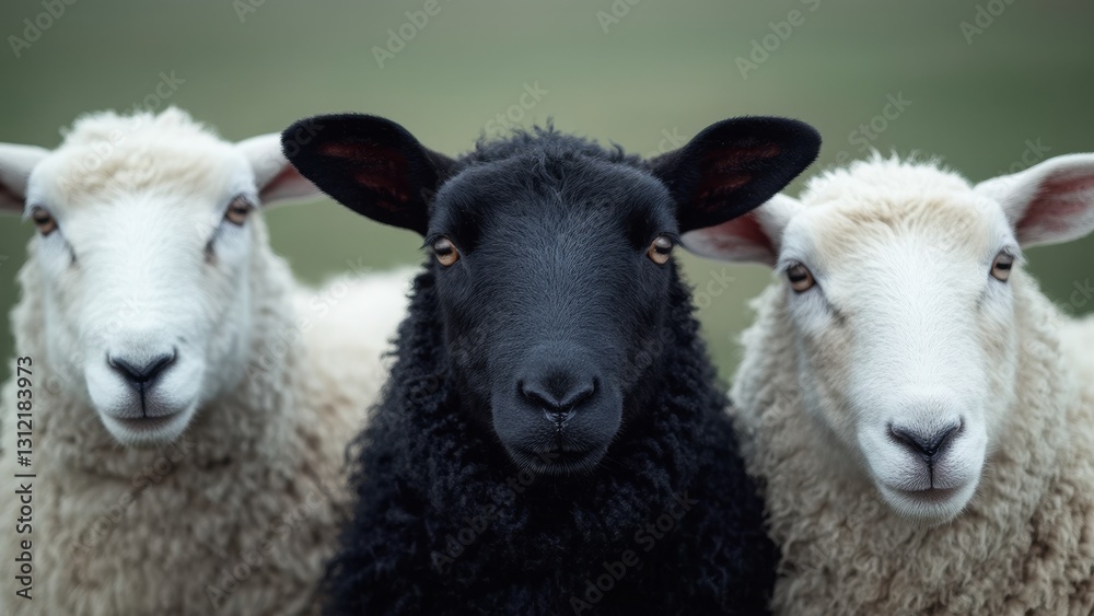Fototapeta premium One black sheep in a herd of white sheep. Sheeps in a meadow on green grass at daylight. Portrait of cute curly hair sheep. Flock of sheep close together grazing in a hill.