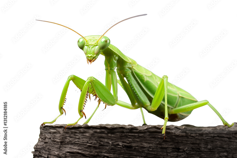 A striking green mantis perched on a piece of wood, showcasing its intricate features and vibrant color. A striking green mantis perched on a piece of wood, showcasing its intricate features and vibrant color.