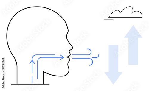 Human head outline with airflow arrows indicating breathing process cloud and arrows show air exchange. Ideal for health, anatomy, respiration, biology, medical, wellness, flat simple metaphor