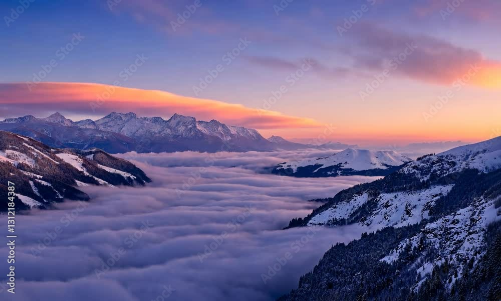 Mountains Emerging Above Sea of Clouds at Beautiful Sunrise Mountains Emerging Above Sea of Clouds at Beautiful Sunrise