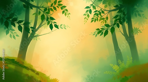 Enchanting Sunrise Through A Mystical Forest, Bathed In Soft Golden Light And Subtle Mist, Creating A Serene And Hopeful Atmosphere