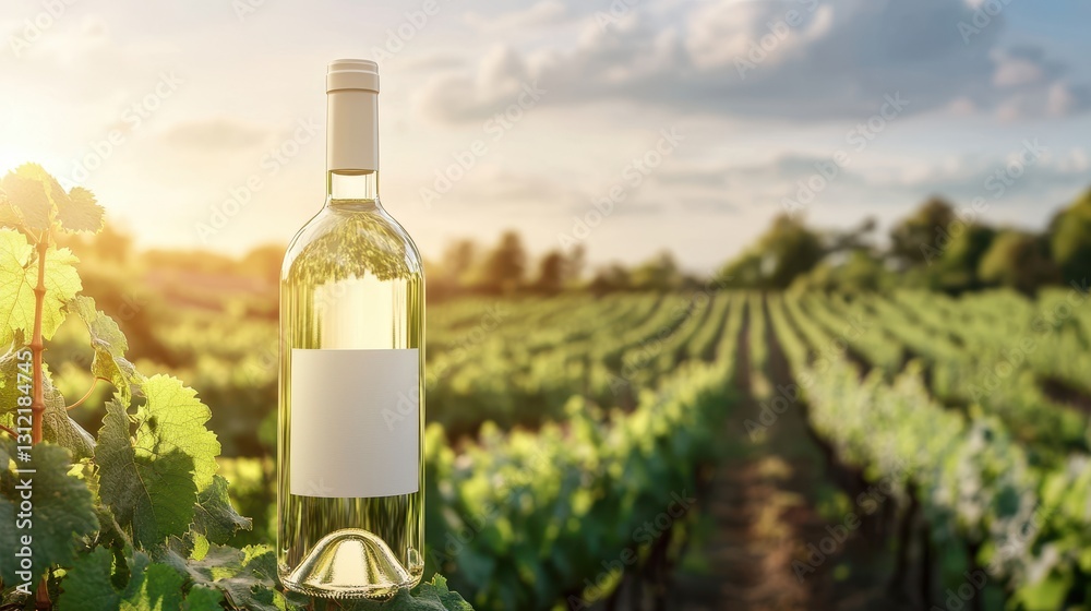 Fototapeta premium A white wine bottle mock-up is displayed against a sunlit vineyard landscape.