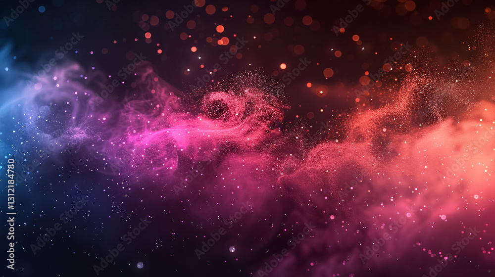 Naklejka premium Colorful smoke and fog clouds with shiny dust sparkles of glitter on a black background.