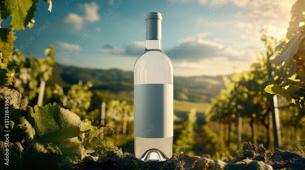 Fototapeta premium A white wine bottle mock-up is displayed against a sunlit vineyard landscape.