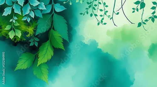 Lush Green Leaves Cascade Down A Tranquil Teal Watercolor Landscape, Evoking Serenity And The Peace Of Natures Embrace
