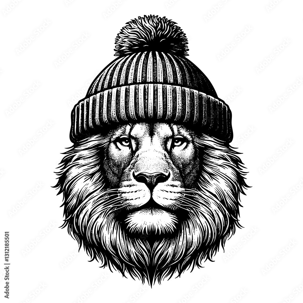 Obraz premium Lion wear beanie hat portrait sketch engraving black and white outline. Scratch board imitation.