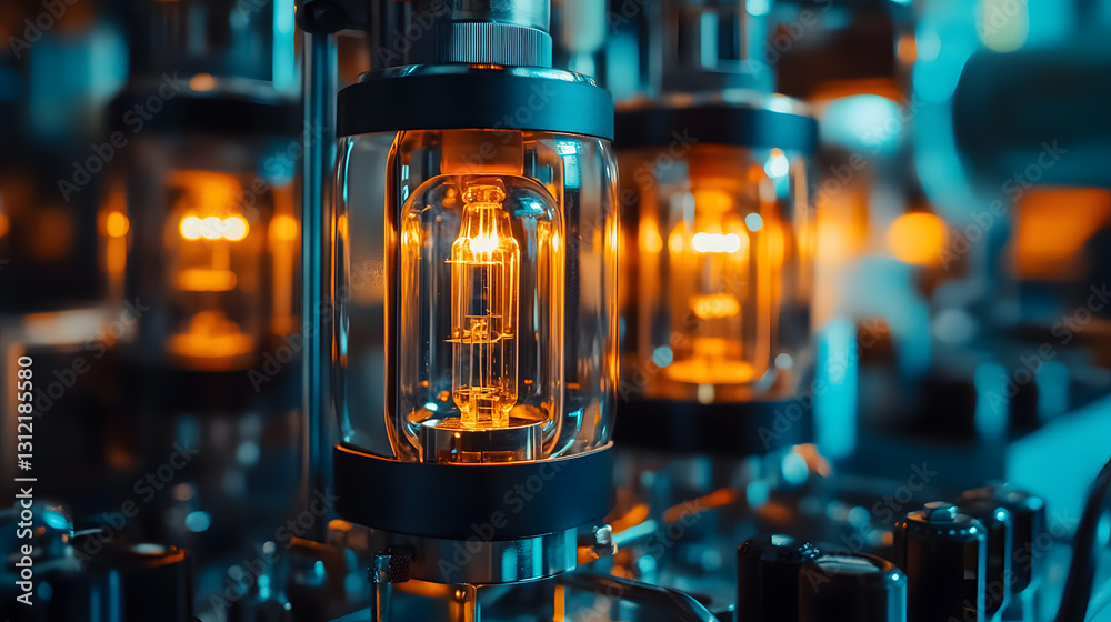 close up of high end headphone amplifier with glowing vacuum tubes, showcasing intricate details and warm lighting close up of high end headphone amplifier with glowing vacuum tubes, showcasing intricate details and warm lighting