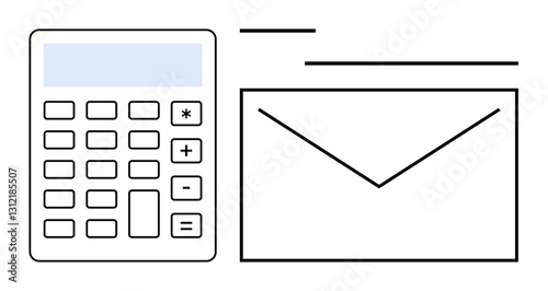 Calculator alongside envelope and lines symbolizing financial management, budgeting, or communication. Ideal for accounting, finance, mailing, correspondence, budgeting, calculations office