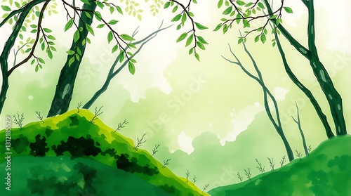 Serene Forest Canopy, A Peaceful Morning Bathed In Soft Sunlight, With Lush Green Foliage And Gentle Watercolor Texture
