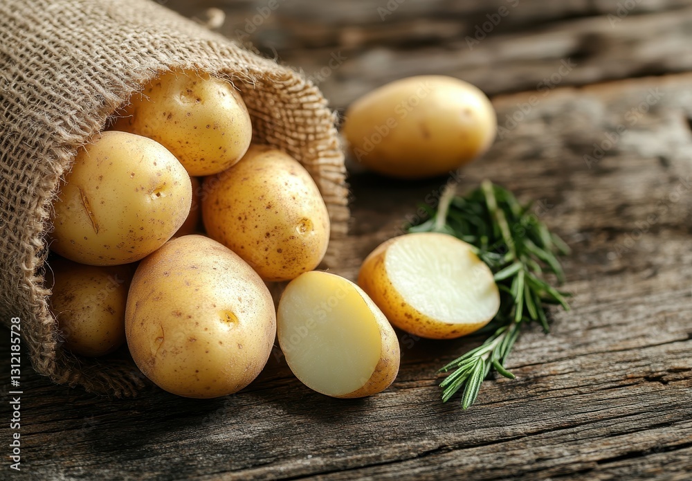 Fresh unpeeled potatoes spilling out of a burlap sack on a rustic wooden table with fresh rosemary sprigs nearby for a natural and organic feel Fresh unpeeled potatoes spilling out of a burlap sack on a rustic wooden table with fresh rosemary sprigs nearby for a natural and organic feel