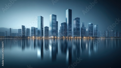 Modern cityscape reflected in tranquil water