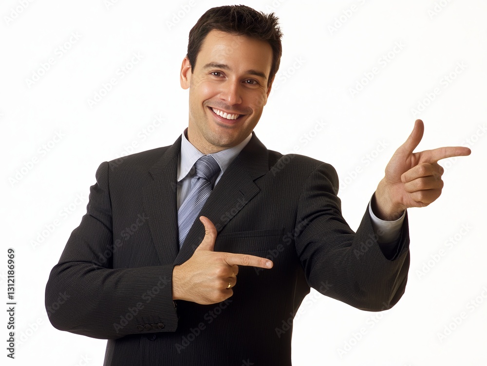 Smiling Businessman Pointing Right with Both Hands Smiling Businessman Pointing Right with Both Hands