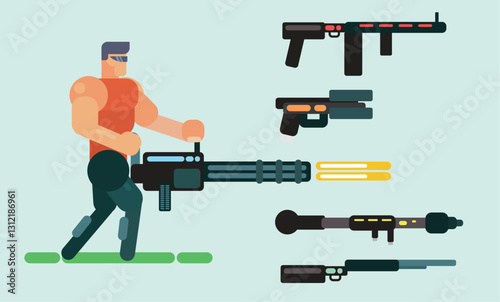 A soldier and all kinds of guns