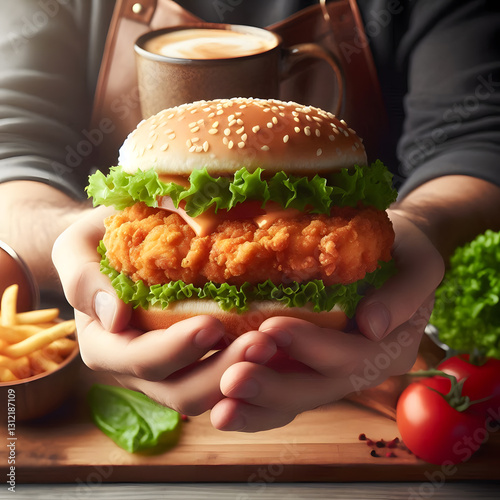 human hand holding chicken burger