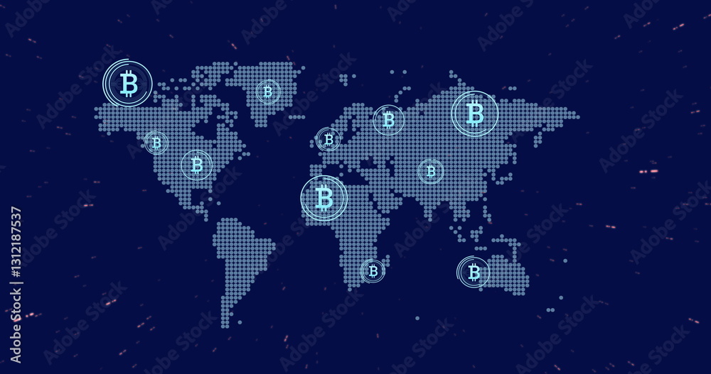 Naklejka premium Image of bitcoin icons, digital data processing over world map