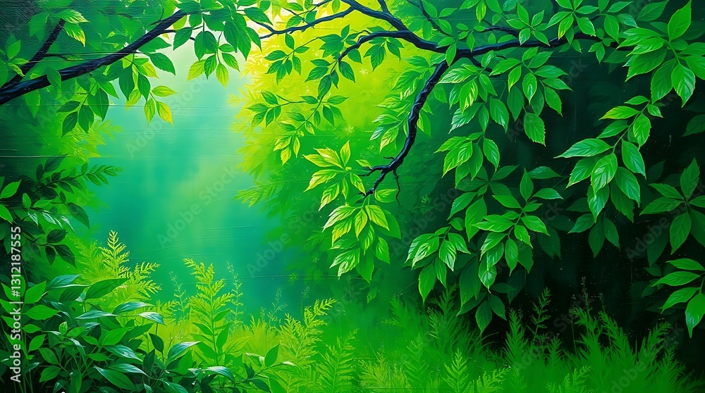 Serene Forests Tranquil Heart, A Lush Green Canopy Embracing A Misty Pond, Painted In Vibrant, Rich Hues Serene Forests Tranquil Heart, A Lush Green Canopy Embracing A Misty Pond, Painted In Vibrant, Rich Hues