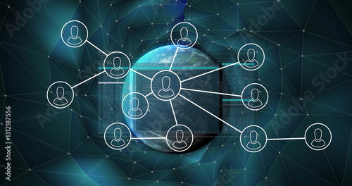 Image of network of connections with icons over globe