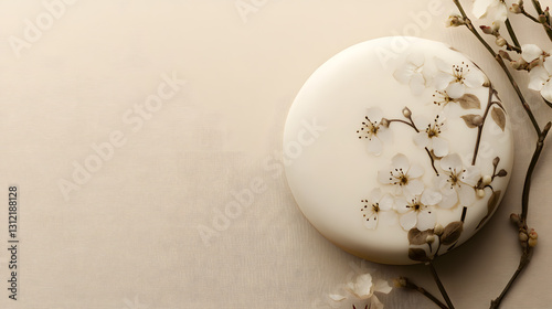delicate Earl Grey tea infused cake with minimalist design, adorned with elegant white floral decorations, sits on soft beige background, creating serene and sophisticated atmosphere