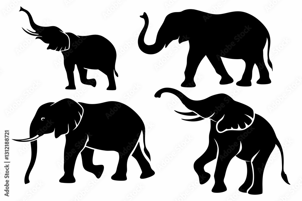 Obraz premium Elephant Silhouette Set – Black Elephant Vector Illustrations in Various Poses for Wildlife and Safari Designs