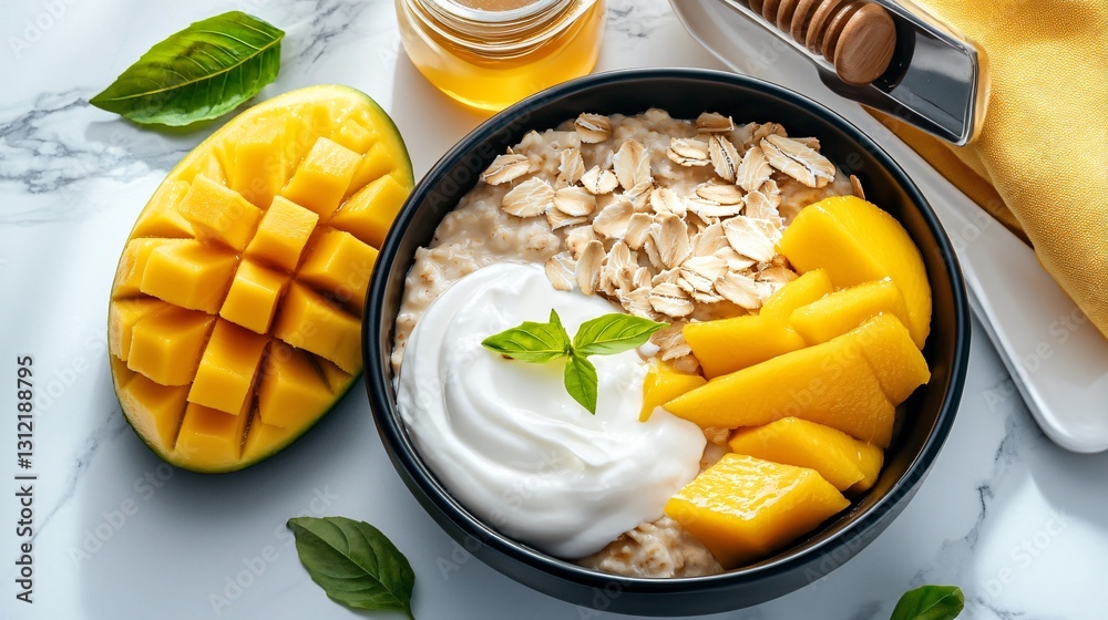 Healthy Breakfast Bowl with Oatmeal, Fresh Mango, Yogurt, Honey, and Basil on Marble Surface Healthy Breakfast Bowl with Oatmeal, Fresh Mango, Yogurt, Honey, and Basil on Marble Surface