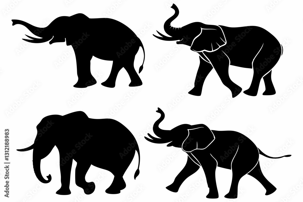 Obraz premium Elephant Silhouette Set – Black Elephant Vector Illustrations in Various Poses for Wildlife and Safari Designs