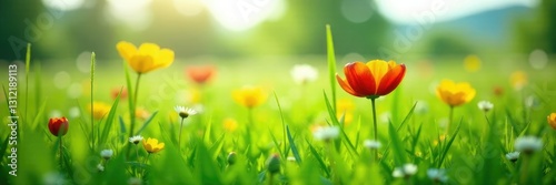 Green meadow with Trollius flowers and wild grasses, globe flower, grass, springflowers photo