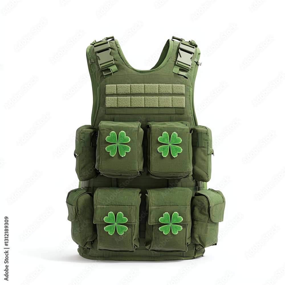 Fototapeta premium A tactical vest with green clovers on pockets, designed for outdoor activities. The vest features adjustable straps and a durable construction for various adventures.