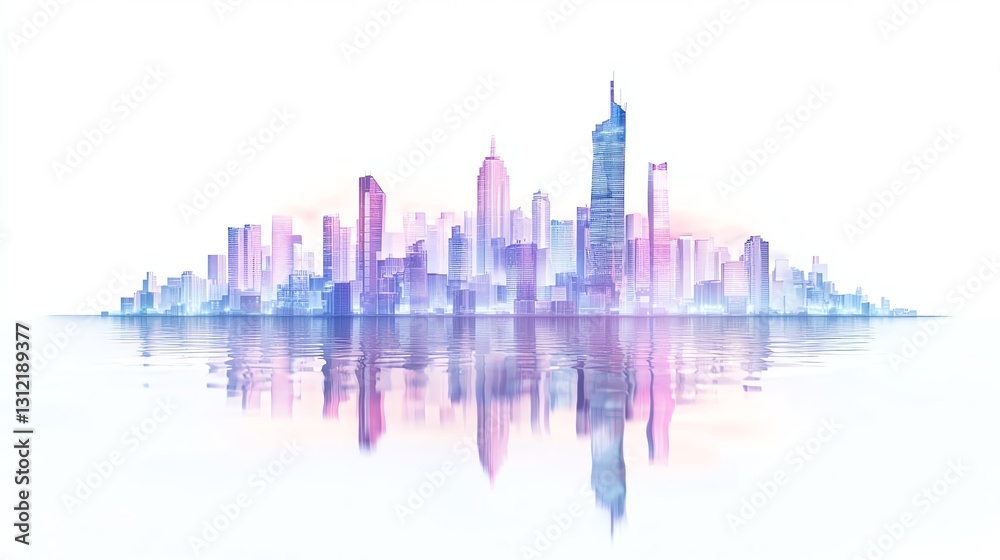 Obraz premium A stunning watercolor skyline with colorful skyscrapers reflecting on calm water, set against a white background. Ideal for urban planning, cityscapes, or creative projects.
