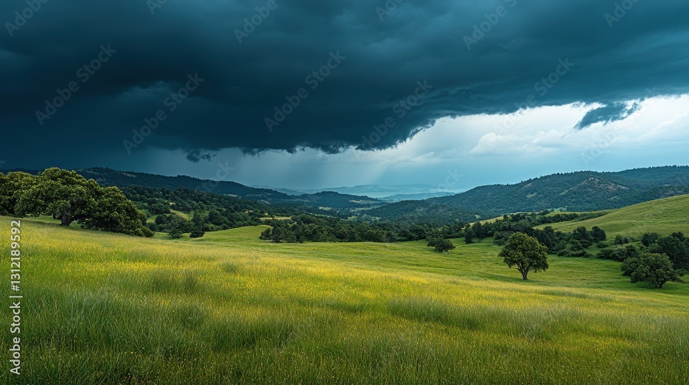 Fototapeta premium Dark Storm Clouds Over Rolling Green Hills and Meadow
