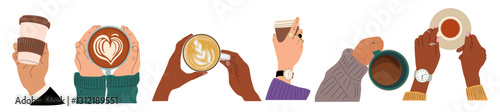 Different hands holding cups with coffee, tea, latte, cappuccino. Flat colorful vector illustrations isolated on transparent background