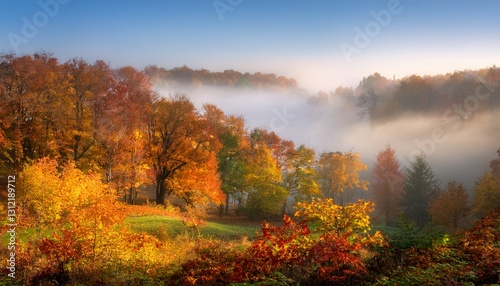autumn landscape with fog