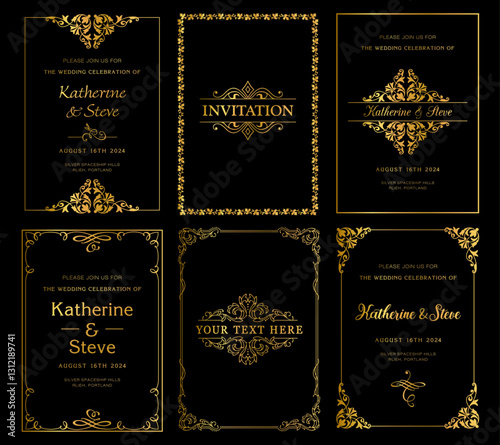 Gold frame for invitation in modern vintage style. Frame template for cards, posters, banners