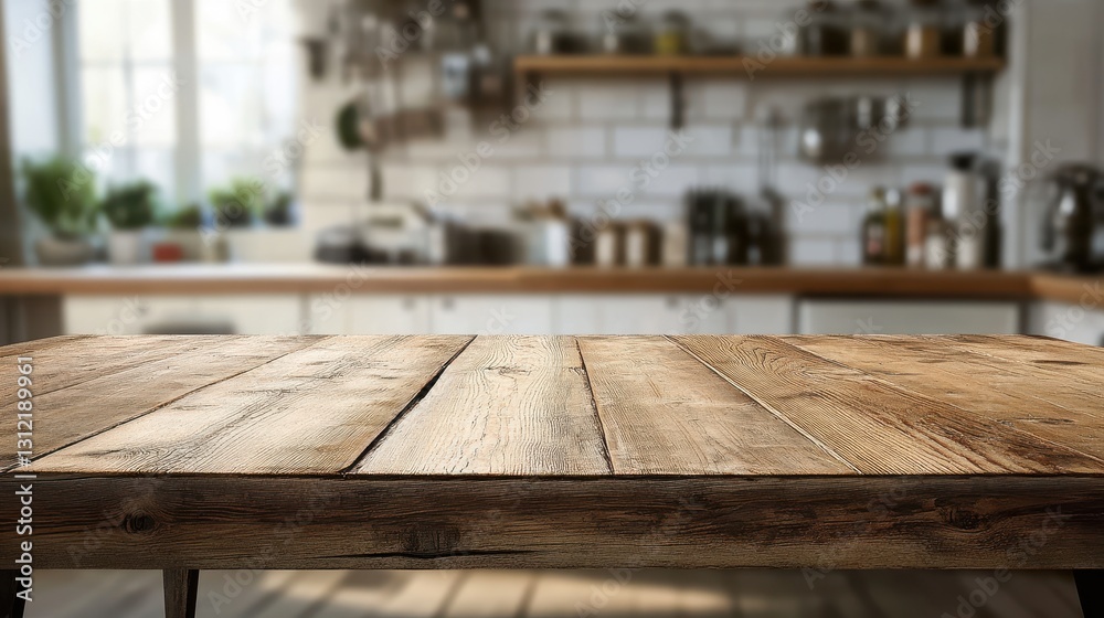 A wooden table set against a blurred kitchen background, ideal for showcasing food and product presentations. A wooden table set against a blurred kitchen background, ideal for showcasing food and product presentations.