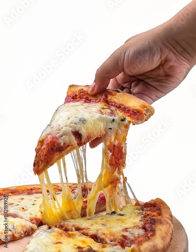 Hand picks up a slice of pizza with stretched cheese isolated on white background
