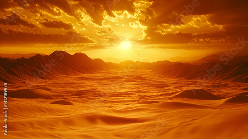 Fiery Desert Sunset Landscape with Orange Sand Dunes and Silhouetted Mountains