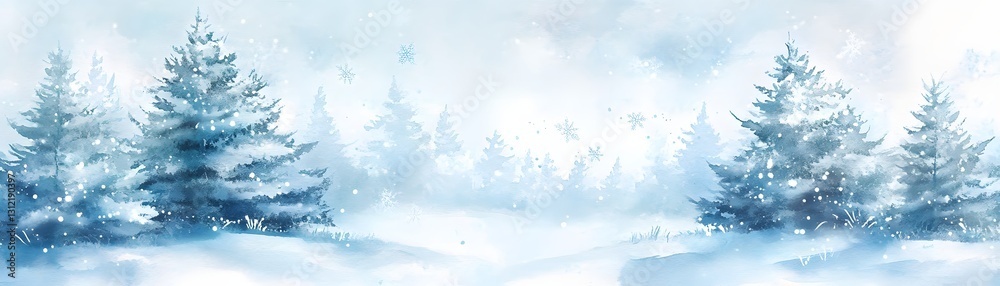 Obraz premium Watercolor painting of a snowy winter forest with evergreens